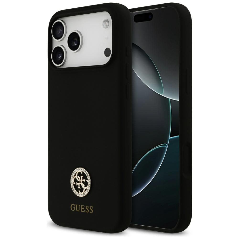 Guess Silicone Logo Strass 4G MagSafe Suojakuori iPhone 17 Pro Max:lle - Musta