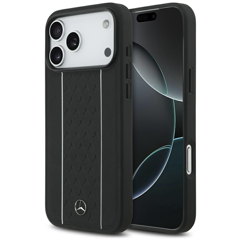 Mercedes Leather Star Pattern Stripes MagSafe suojakuori iPhone 17 Pro Max - musta