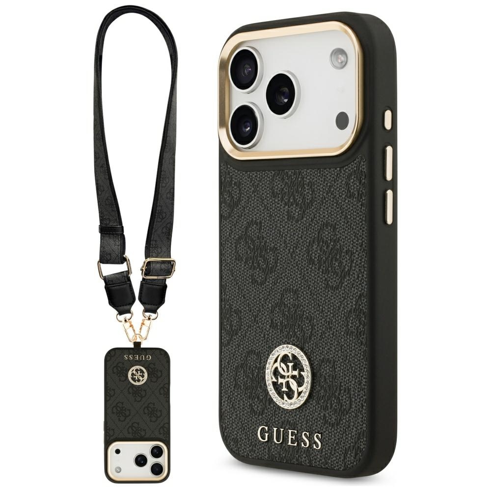 Guess 4G Strass Logo & Big Strap Metal Buttons MagSafe suojakuori iPhone 17 Pro - musta