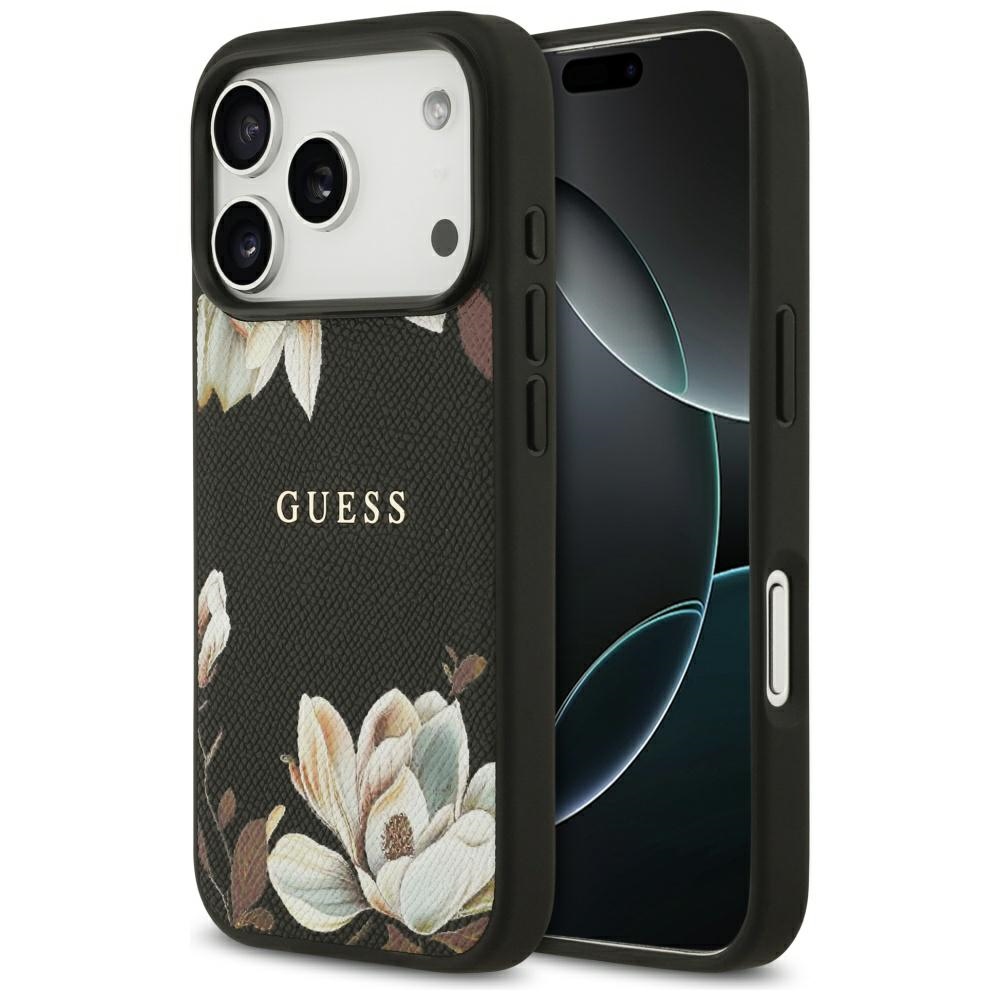 Guess Grained Flowers Classic Logo MagSafe -suojakuori iPhone 17 Pro - musta