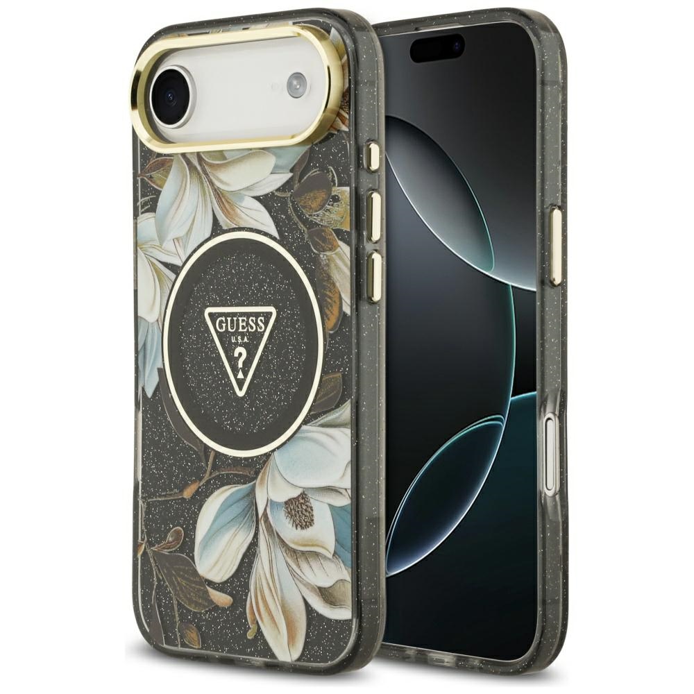 Guess IML Glitter Flowers Triangle MagSafe Suojakuori iPhone Air:lle - musta