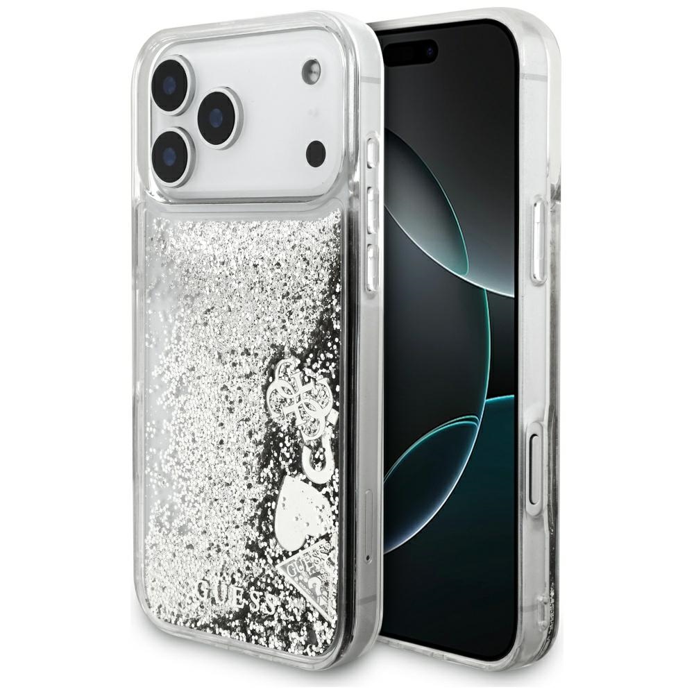 Guess Liq. Glitter Charms Suojakuori iPhone 17 Pro Max:lle - hopeinen