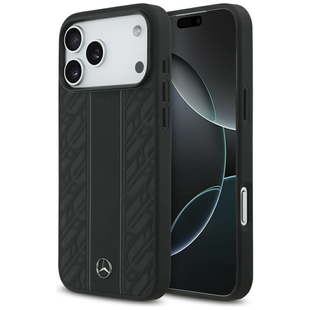 Mercedes Nahkainen Laurel Leaves Stripes MagSafe Suojakuori iPhone 17 Pro Max:lle - Musta