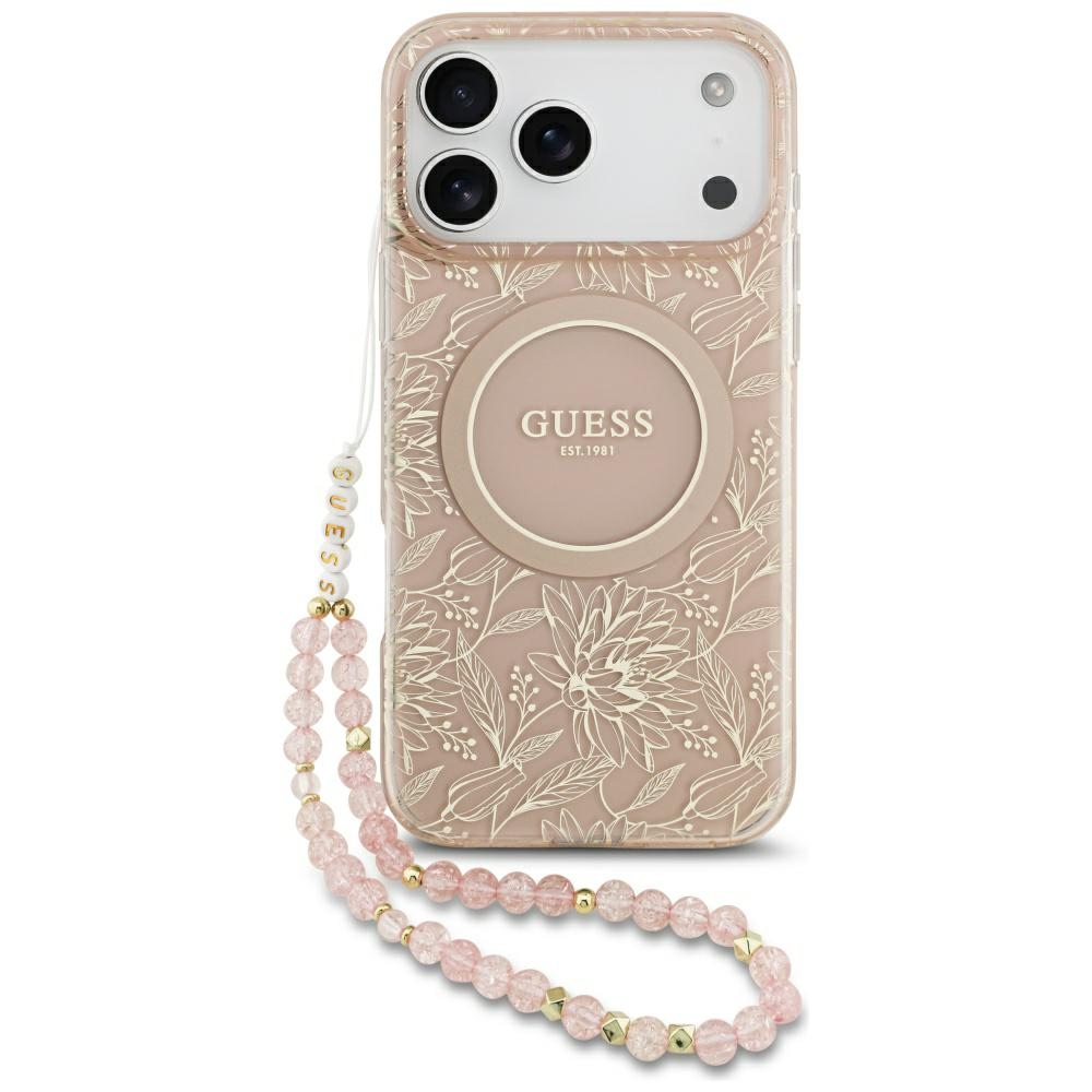 Guess IML Flowers Electro Pearl Strap MagSafe -kuori iPhone 17 Pro Max - pinkki