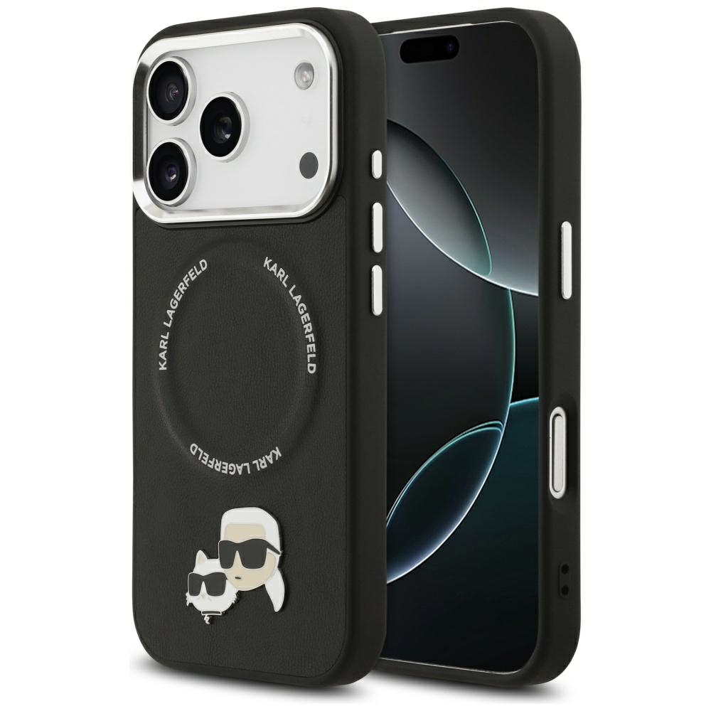 Karl Lagerfeld MagSafe PU Suojakuori Karl&Choupette Pins -logolla ja metallikamerapainikkeilla iPhone 17 Pro Max:lle - Musta