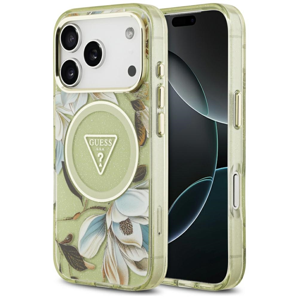 GUESS IML Glitter Flowers Triangle MagSafe -suojakuori iPhone 17 Pro Max - vihreä