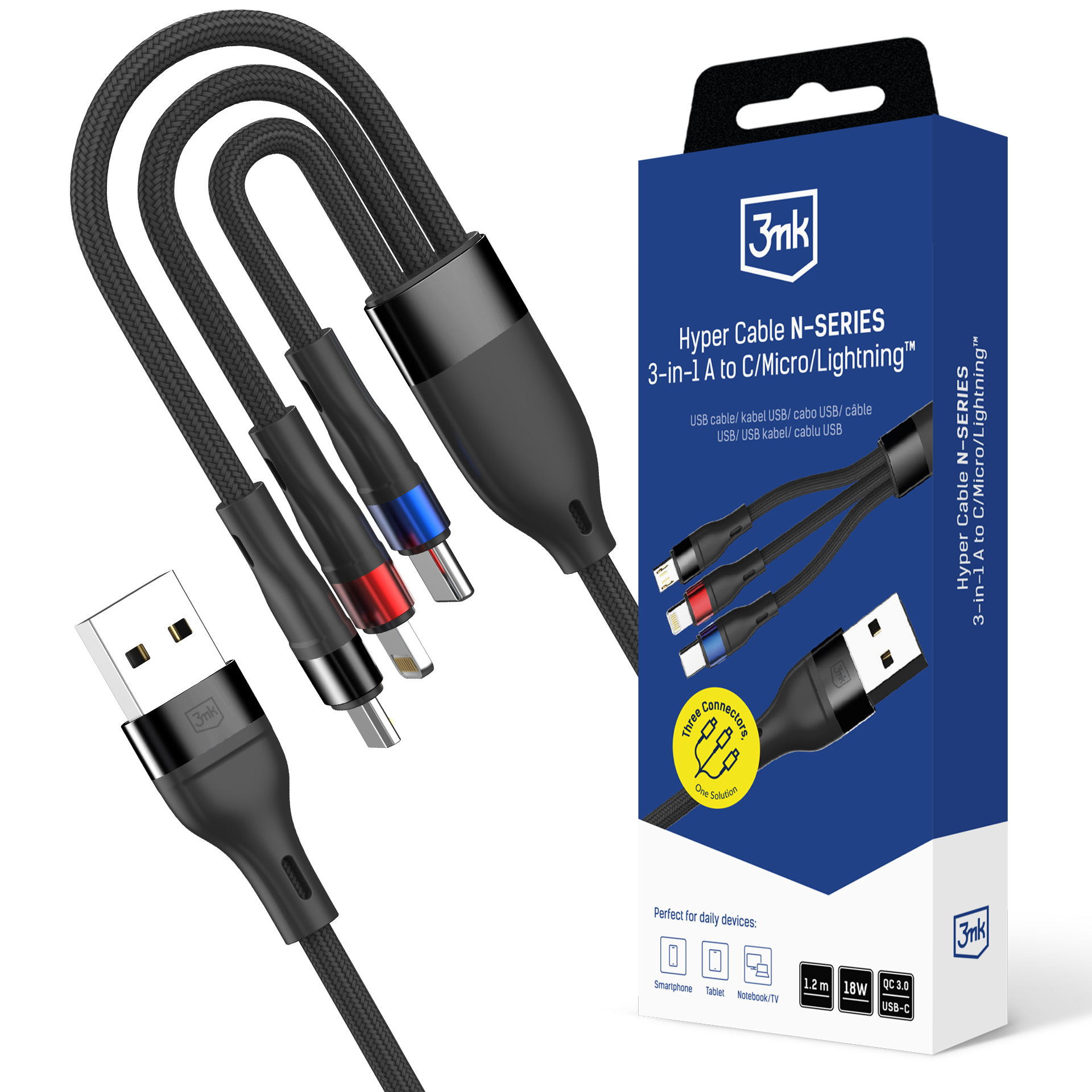 3mk Hyper Cable N-SERIES 3-in-1 USB-A / Lightning / Micro 1.2m 9V/2A 18W - musta