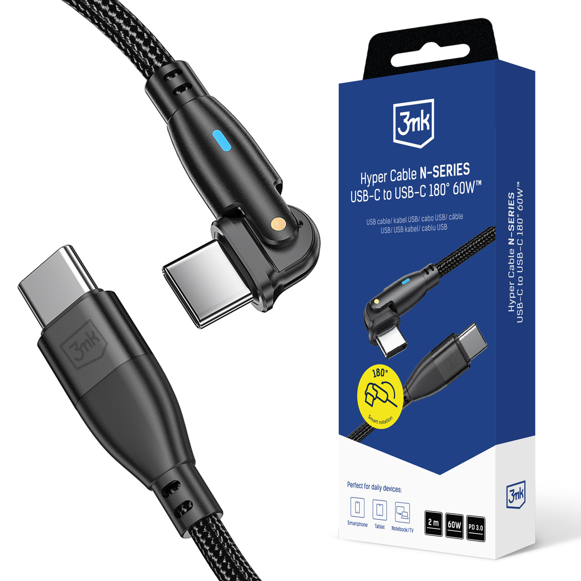 3mk Hyper Cable N-SERIES USB-C / USB-C 2m 20V/3A 60W - musta