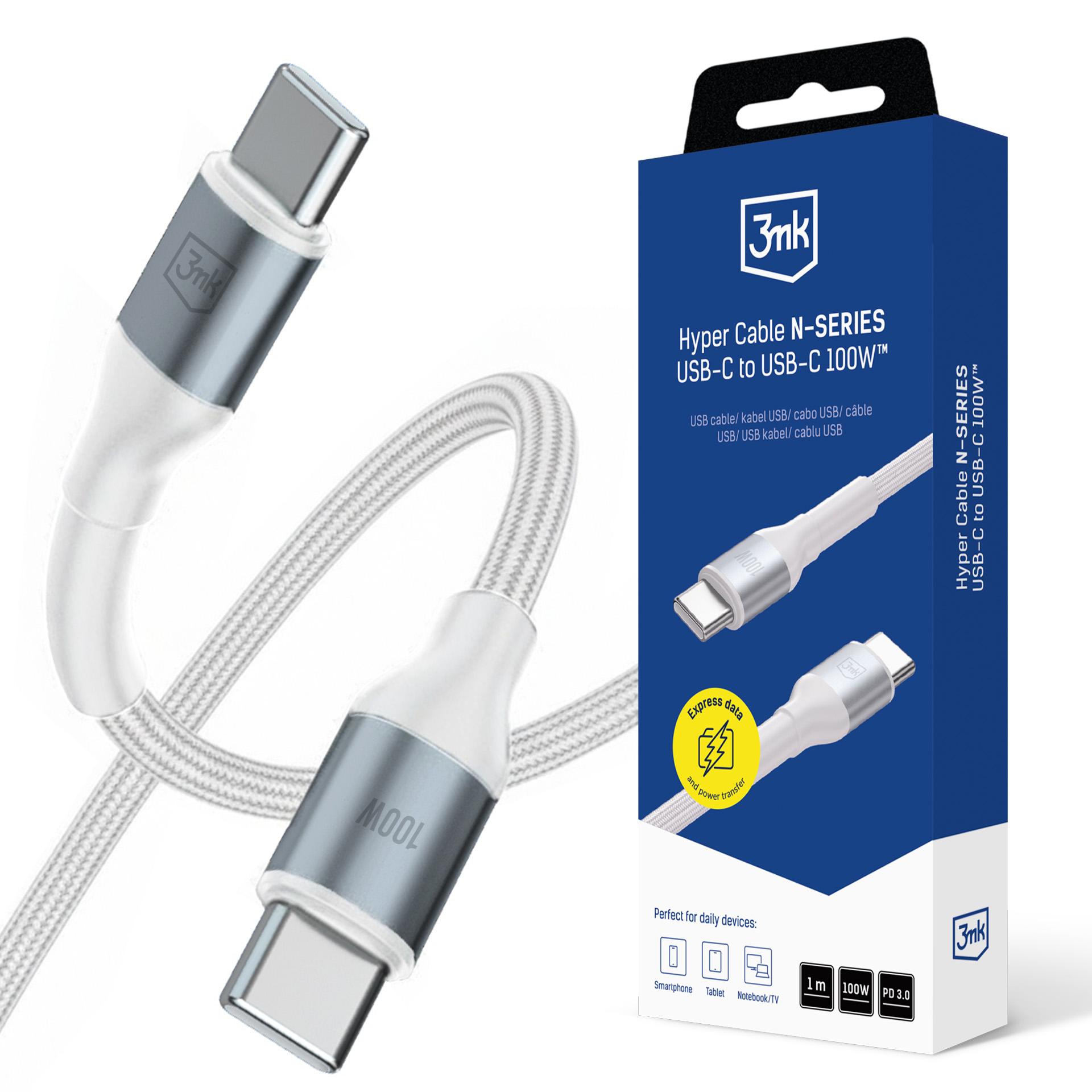 3mk Hyper Cable N-SERIES USB-C / USB-C 1m 20V/5A 100W - valkoinen