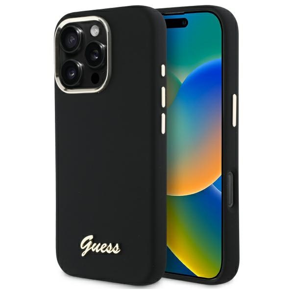 Guess Silikoninen Script Metal Logo & Frame Suojakuori iPhone 16 Pro Max:lle - musta