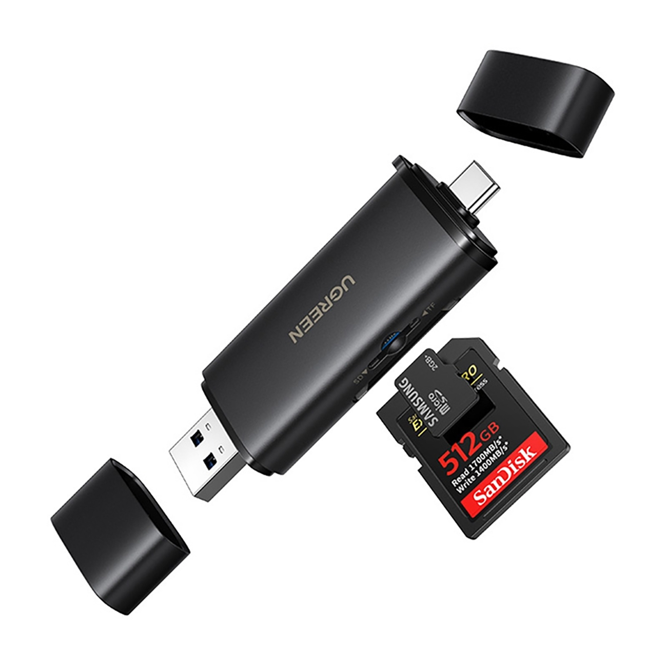 Ugreen 2in1 USB-C / USB-A SD 4.0 UHS-II -kortinlukija - musta
