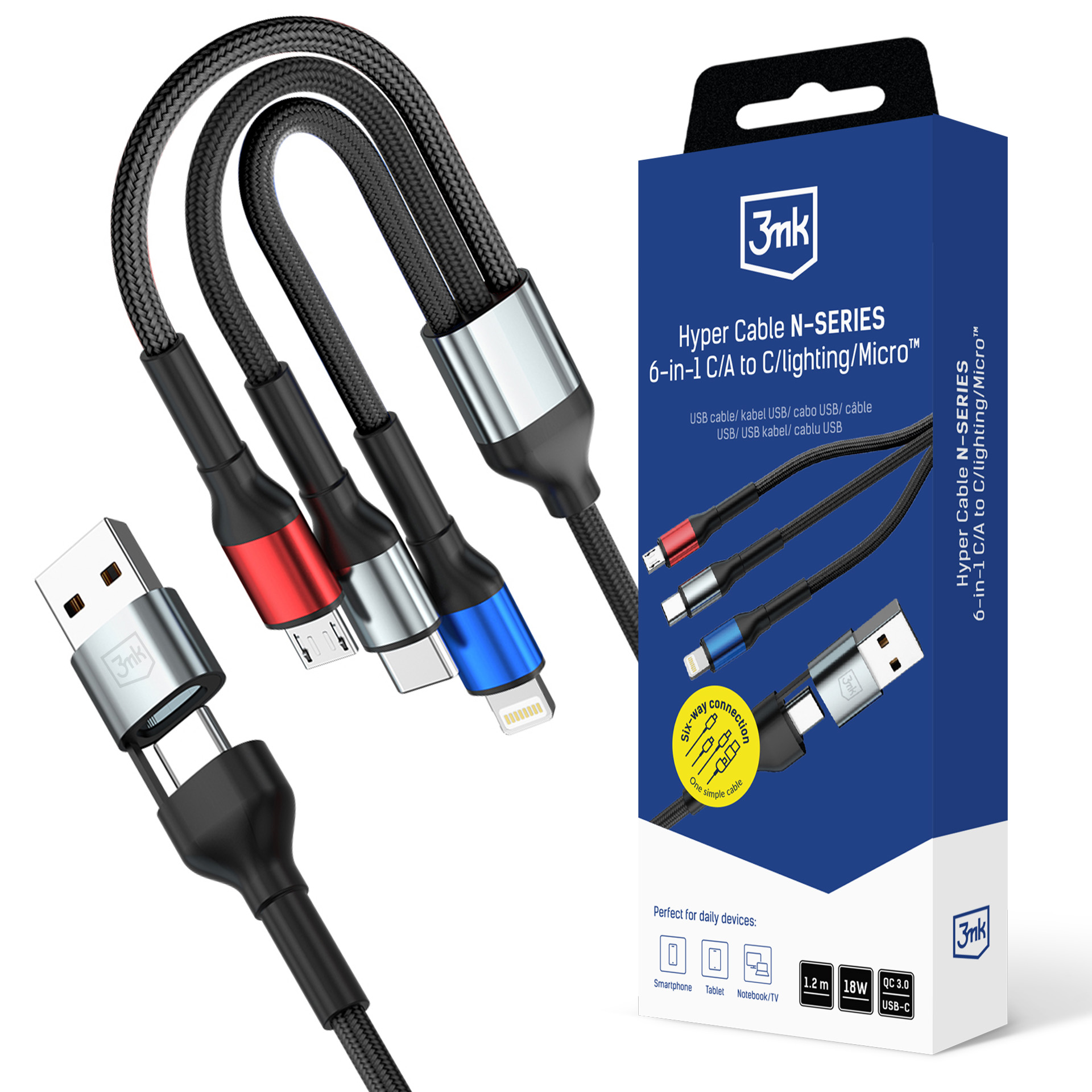 3mk Hyper Cable N-SERIES 6 in 1 USB-C / USB-A to USB-C / Lightning / Micro 1.2m QC 3.0 9V / 2A 18W - musta