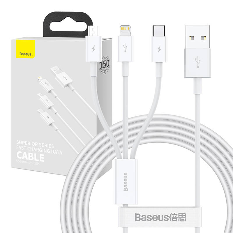 Kaapeli Baseus Superior USB - microUSB+Lightning+Type-C 3.5A 1,5m valkoinen CAMLTYS-02