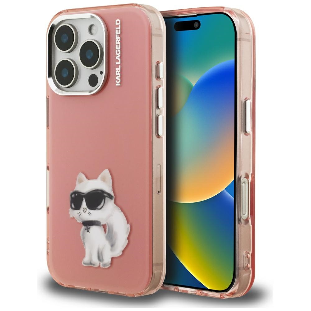 Karl Lagerfeld IML Aquarelle Choupette & Logo Suojakuori iPhone 16 Pro Maxille - Vaaleanpunainen