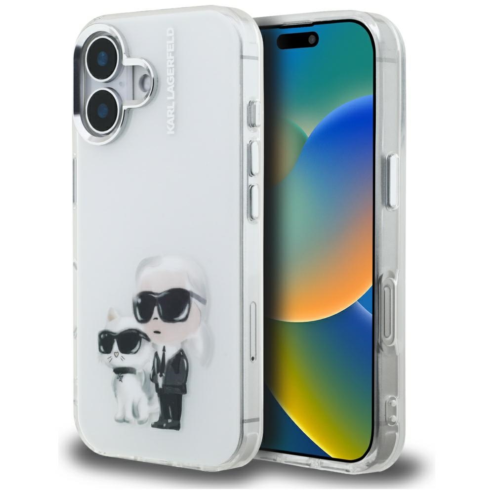 Karl Lagerfeld IML Aquarelle Karl & Choupette & Logo iPhone 16 Case - White