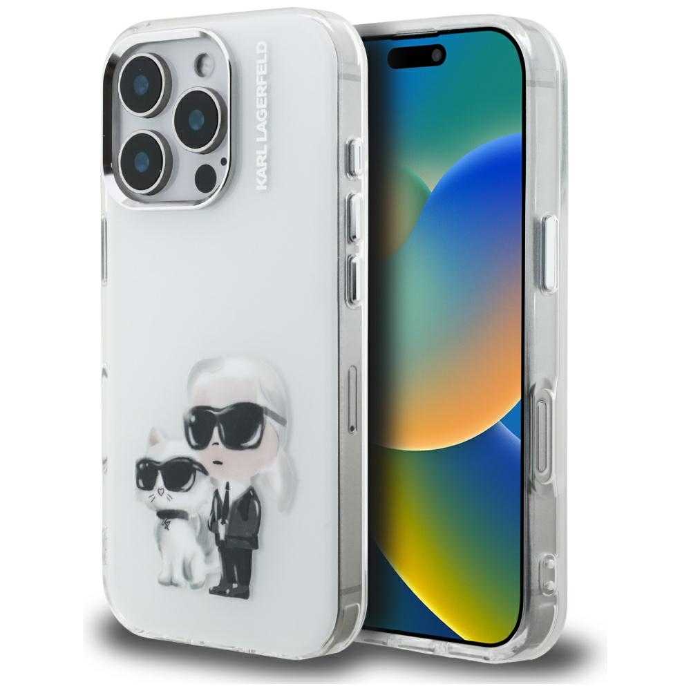 Karl Lagerfeld IML Aquarelle Karl & Choupette & Logo Suojakuori iPhone 16 Pro Maxille - Valkoinen