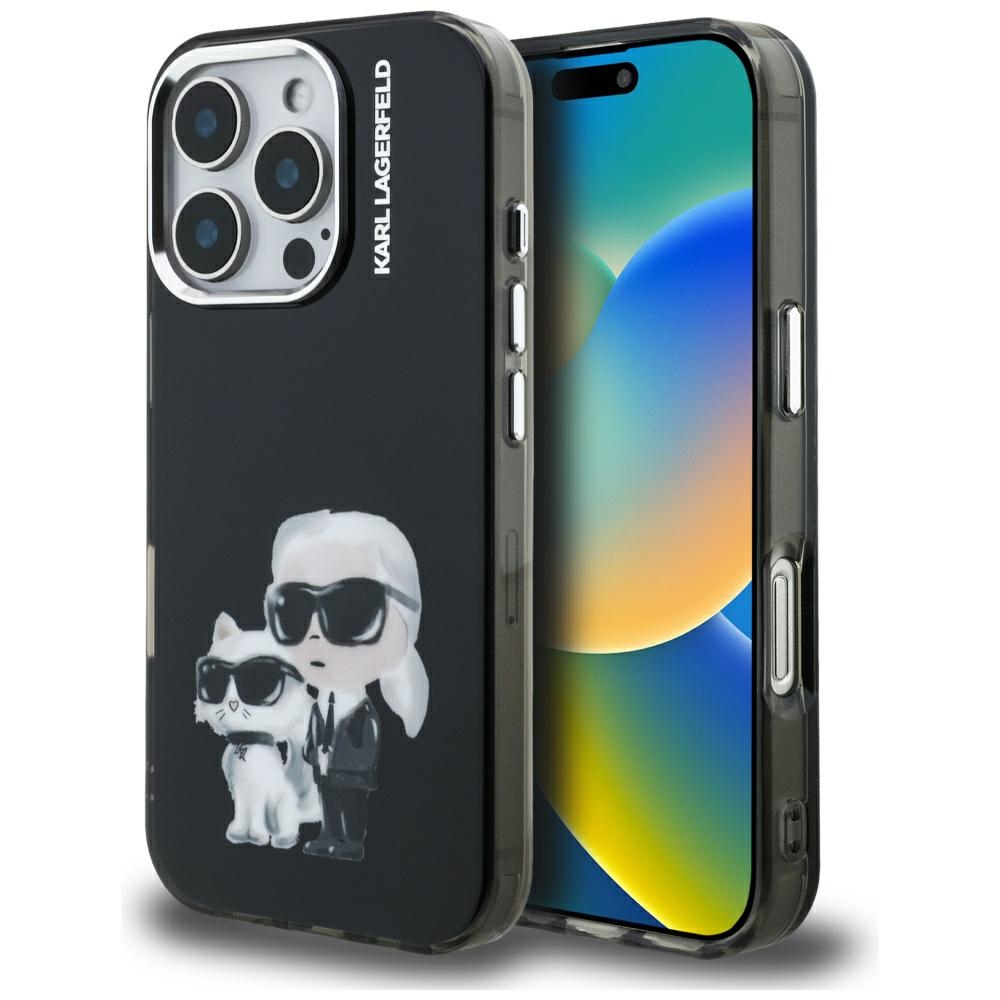 Karl Lagerfeld IML Aquarelle Karl & Choupette & Logo Suojakuori iPhone 16 Pro Maxille - Musta