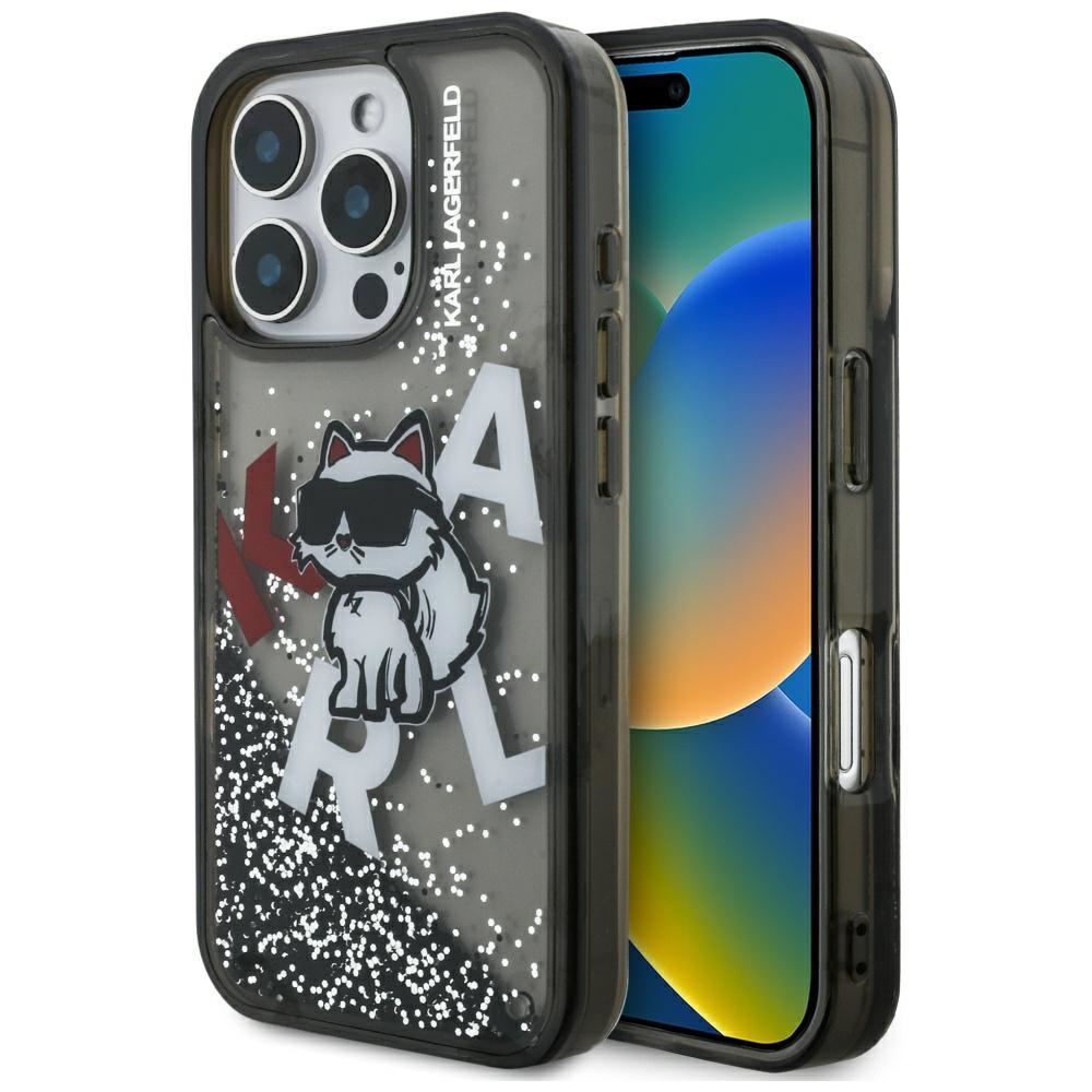 Karl Lagerfeld Liquid Glitter Choupette Logo Suojakuori iPhone 16 Pro Maxille - Musta