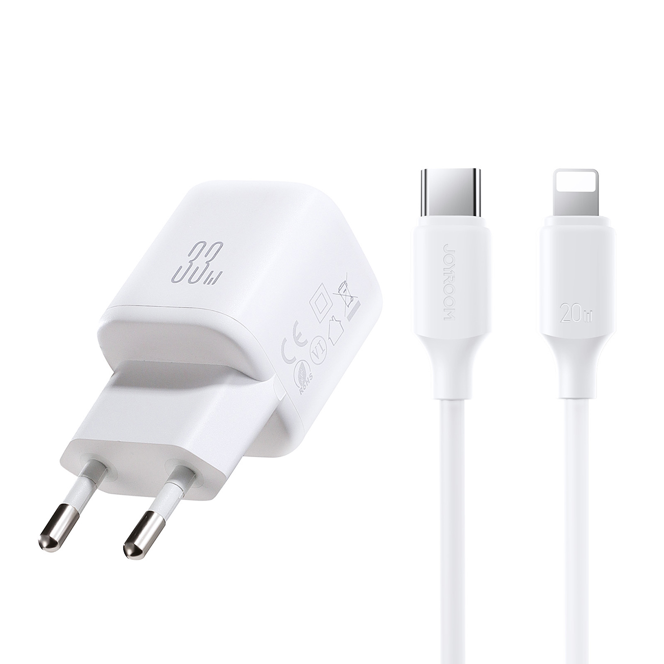 Joyroom JR-TG7 33W USB-A + USB-C -seinälaturi 30W USB-C - Lightning 1m kaapelilla - valkoinen