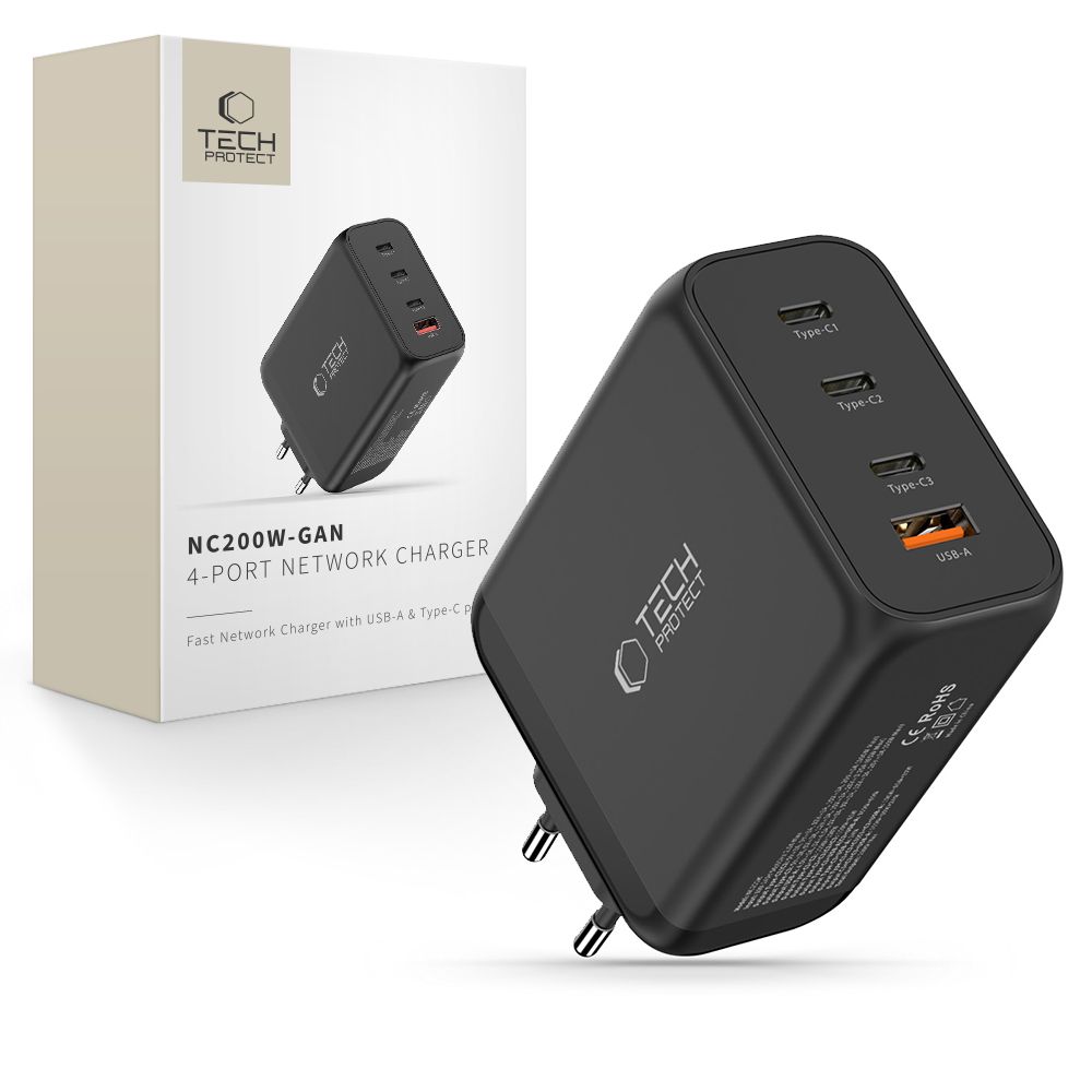 Tech-Protect NC200W-GaN 4-Port 200W Wall Charger - Black