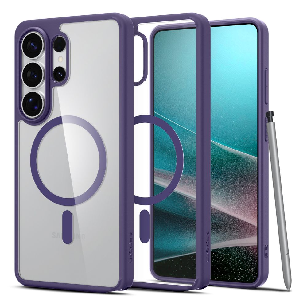 Spigen Ultra Hybrid MagFit MagSafe -suojakuori Samsung Galaxy S26 Ultra -puhelimelle, läpinäkyvä ja tummanvioletti (Deep Purple)