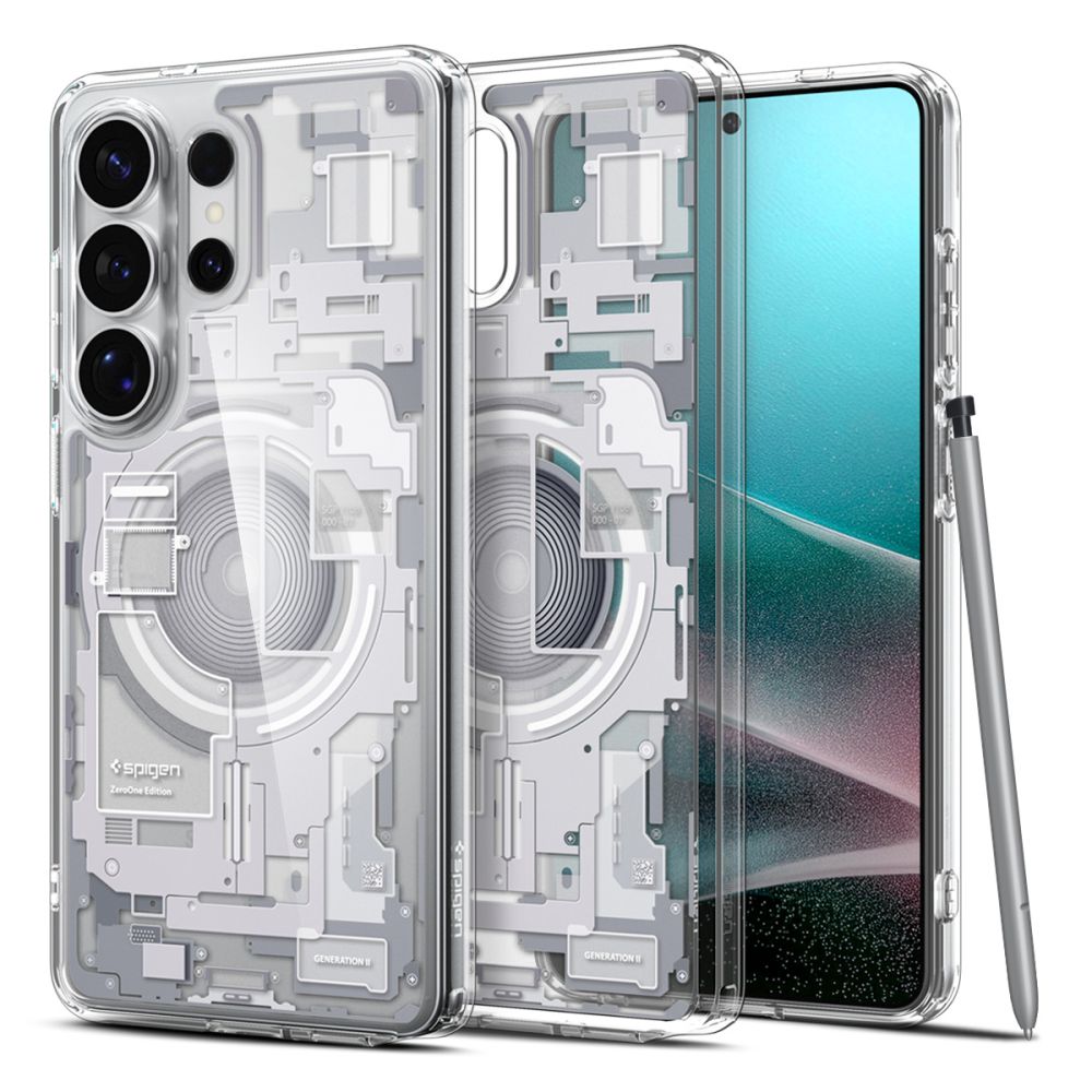 Spigen Ultra Hybrid Mag Zero One suojakuori laitteelle Samsung Galaxy S26 Ultra, MagSafe-yhteensopiva, läpinäkyvä ja valkoinen
