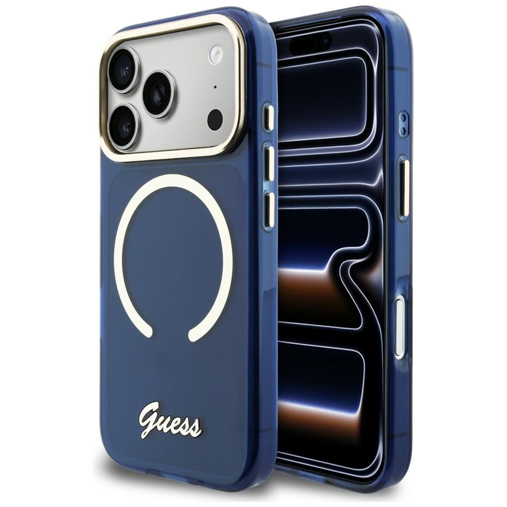 Guess IML Script Metal MagSafe Suojakuori iPhone 17 Pro Max:lle - Sininen