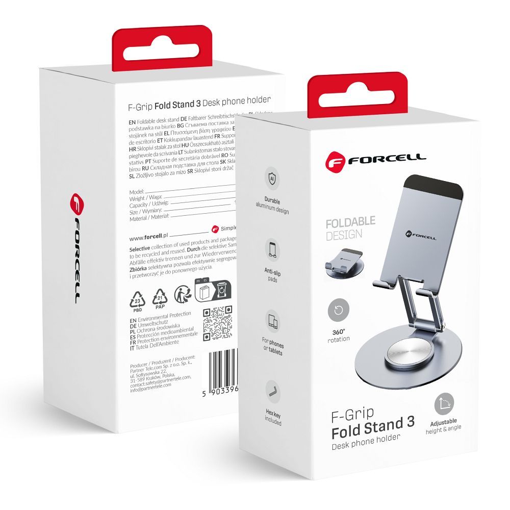 Pöytäteline puhelimelle ja tabletille taitettava Forcell F-Grip Fold Stand 3 360 harmaa