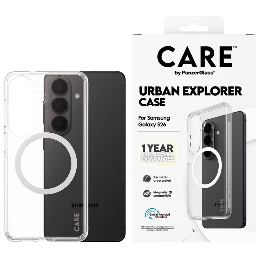 CARE by PanzerGlass Urban Explorer läpinäkyvä suojakuori valkoisella Qi:llä Samsung Galaxy S26