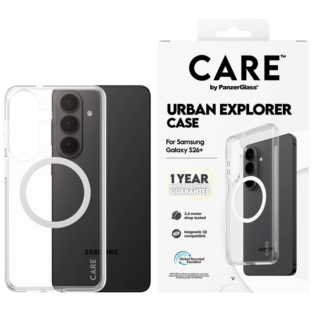 CARE by PanzerGlass Urban Explorer läpinäkyvä suojakuori valkoisella Qi:llä Samsung Galaxy S26+