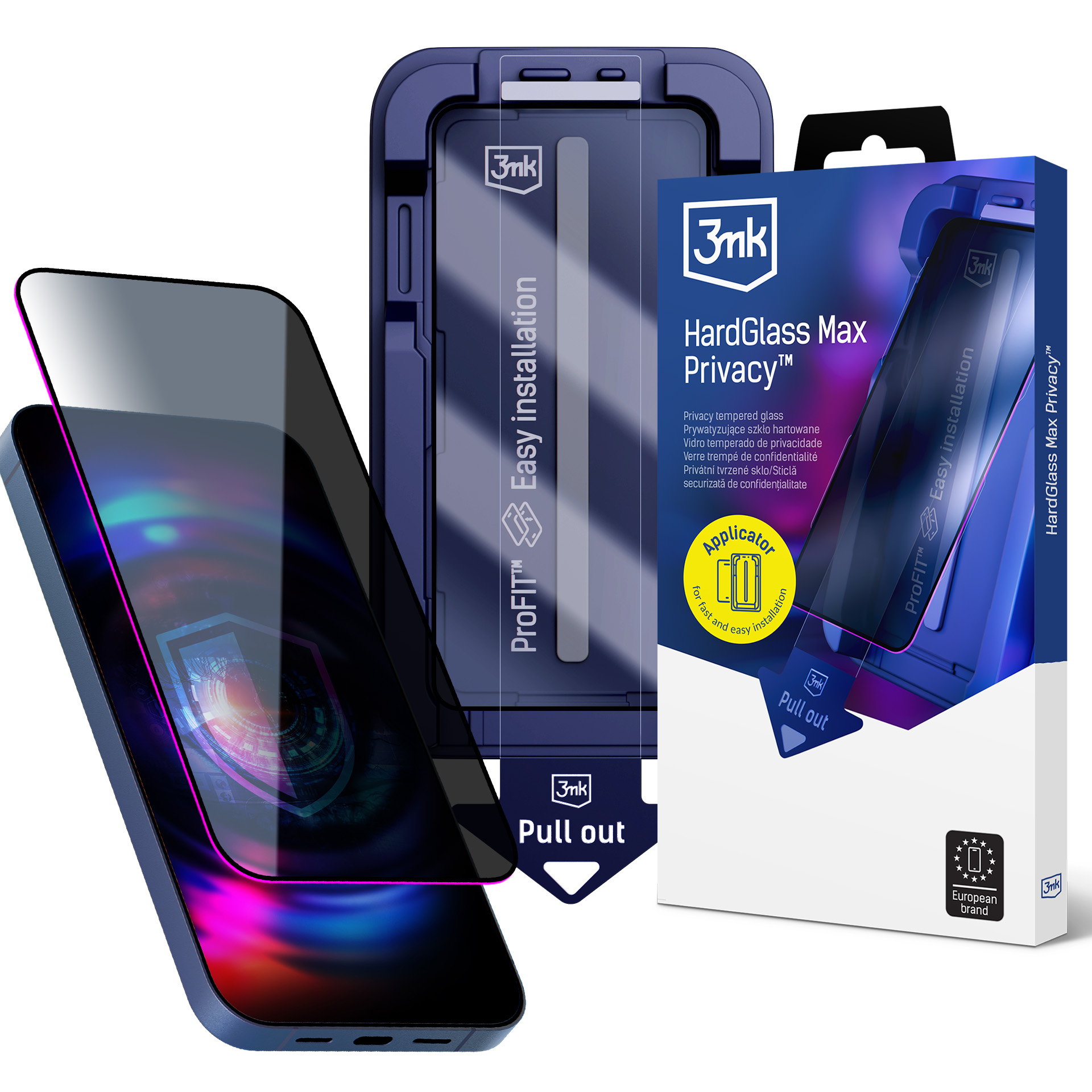 9H panssarilasi 3mk HardGlass Max Privacy -tietosuojasuodattimella iPhone 13/13 Pro/14/16E/17E:lle