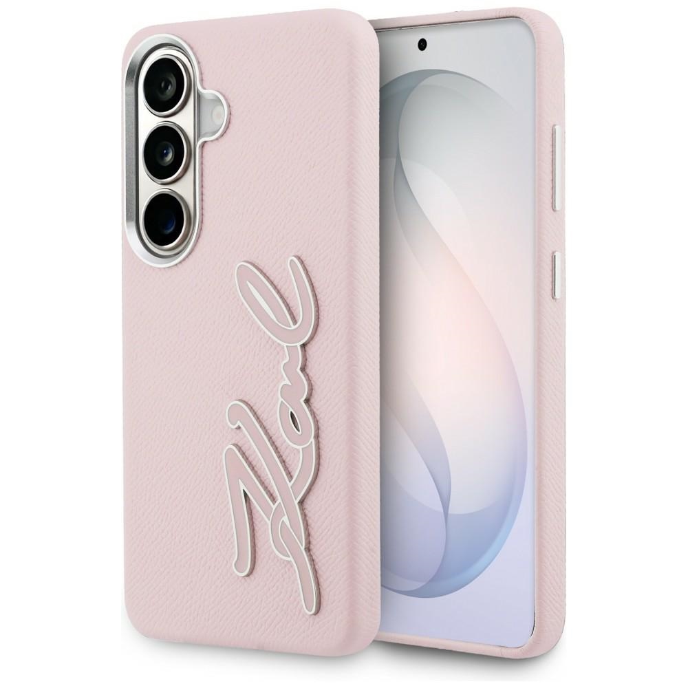 Karl Lagerfeld Grained Signature Metal Resin Logo -suojakuori Samsung Galaxy S26:lle - vaaleanpunainen