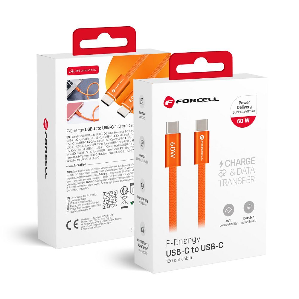 Kaapeli USB-C - USB-C Forcell F-Energy QC4.0 PD 3A 60 W Cafule Color 1,2 m ACYH23 oranssi