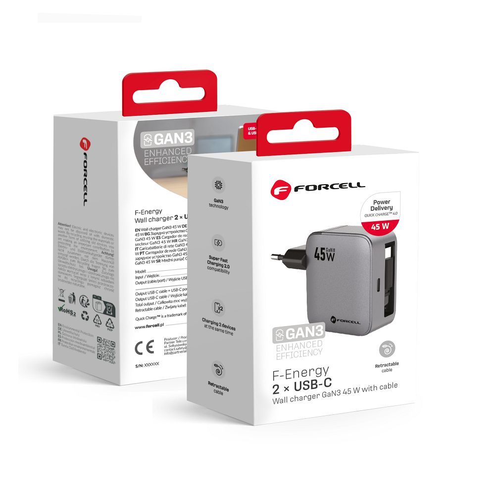 Puhelinlaturi Forcell F-Energy GaN USB C + sisaanvedettava kaapeli USB C PD QC4.0 3A 45W VT-R5 harmaa