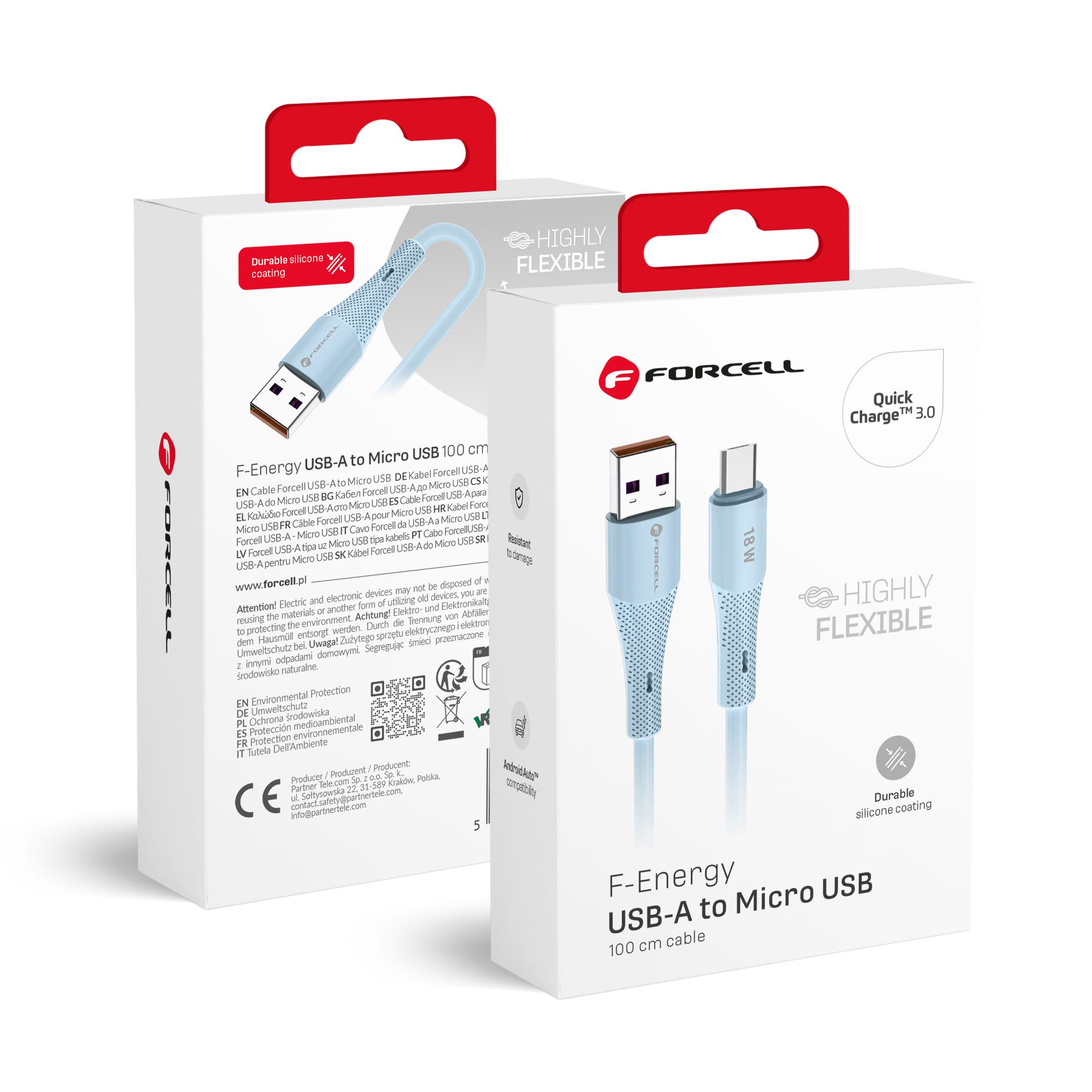 Kaapeli USB A - Micro USB Forcell F-Energy QC3.0 2,4A 18W Silicone 1 m C341 sininen