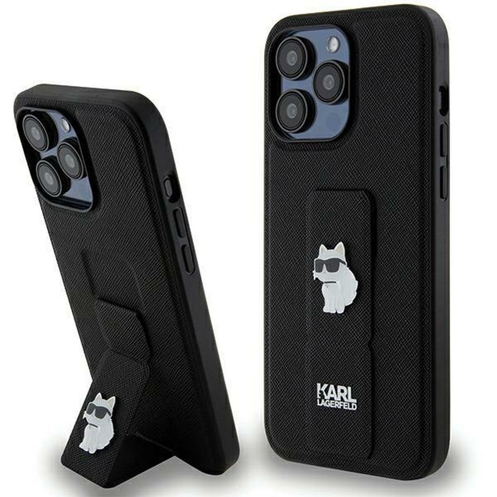 KARL LAGERFELD KLHCP13XGSACHPK Gripstand Saffiano Choupette PIN -suojakuori iPhone 13 Pro Maxille - musta