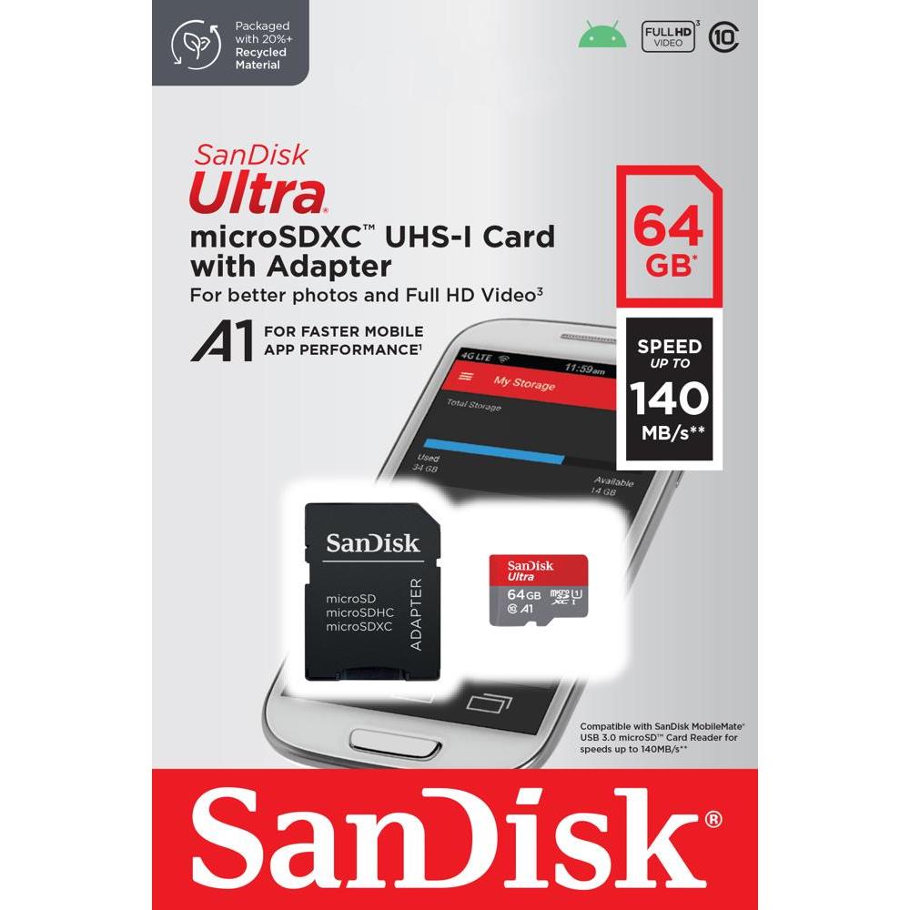 SanDisk muistikortti Ultra Android microSDXC 64GB 140MB/s A1 Cl.10 UHS-I + sovitin