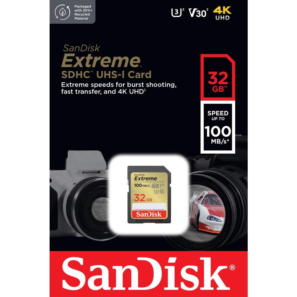 SanDisk-muistikortti Extreme SDHC 32GB 100/60 MB/s C10 V30 UHS-I U3