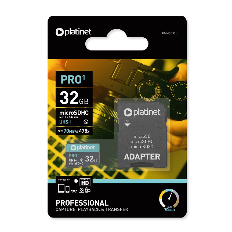 Muistikortti Platinet MicroSD 32GB (class10 UHS-III 90MB/s) + SD-adapteri