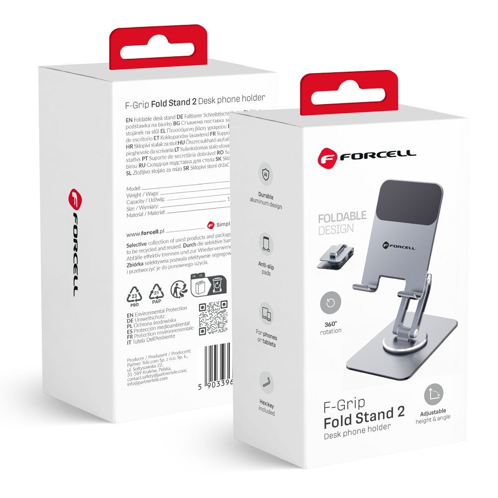 Pöytäteline puhelimelle ja tabletille taitettava Forcell F-Grip Fold Stand 2 360 harmaa