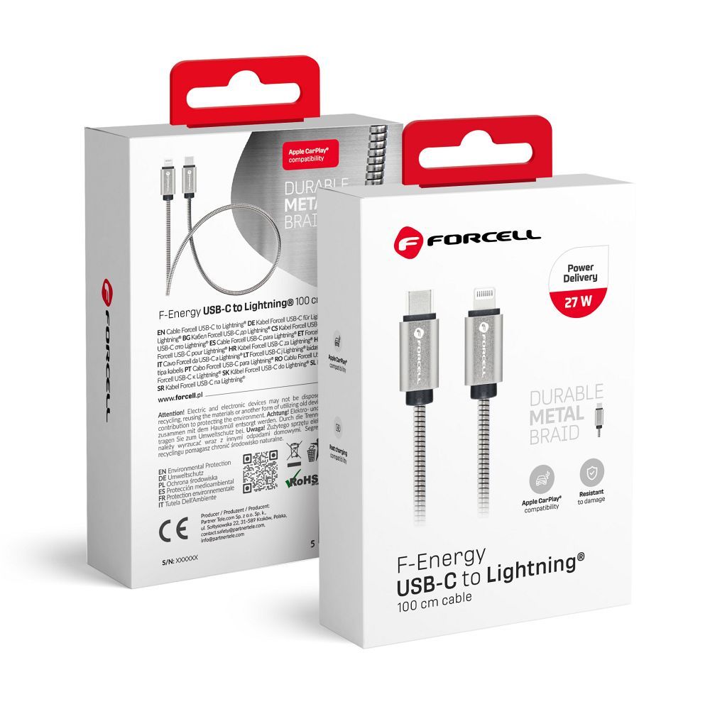 Kaapeli USB C - Lightning Forcell F-Energy PD 3A 27W Metal 1 m C238 hopeinen