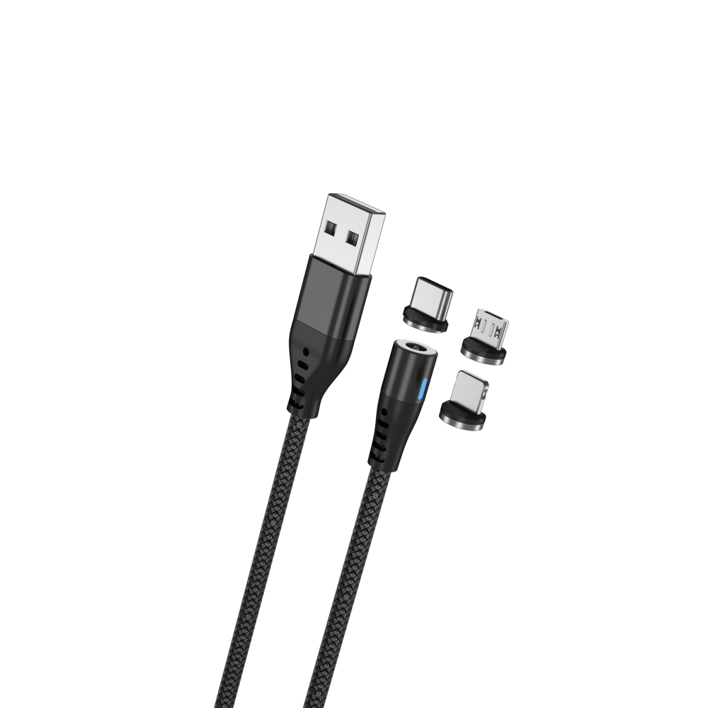 Maxlife MXUC-02 magneettinen kaapeli USB - Lightning + USB-C + microUSB 1,0 m 2A musta nylon