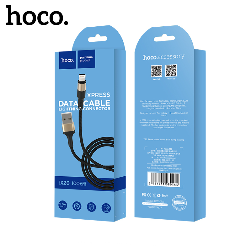 Hoco X26 Lightning Kaapeli 1,0 m, musta-kultainen