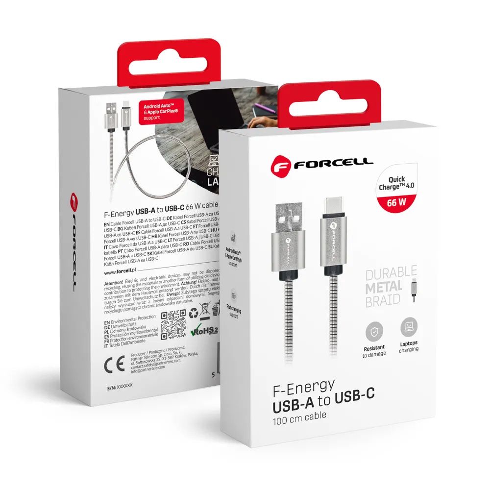 Kaapeli USB A - USB C Forcell F-Energy QC4.0 3A 66W Metal 1 m C234 hopeinen