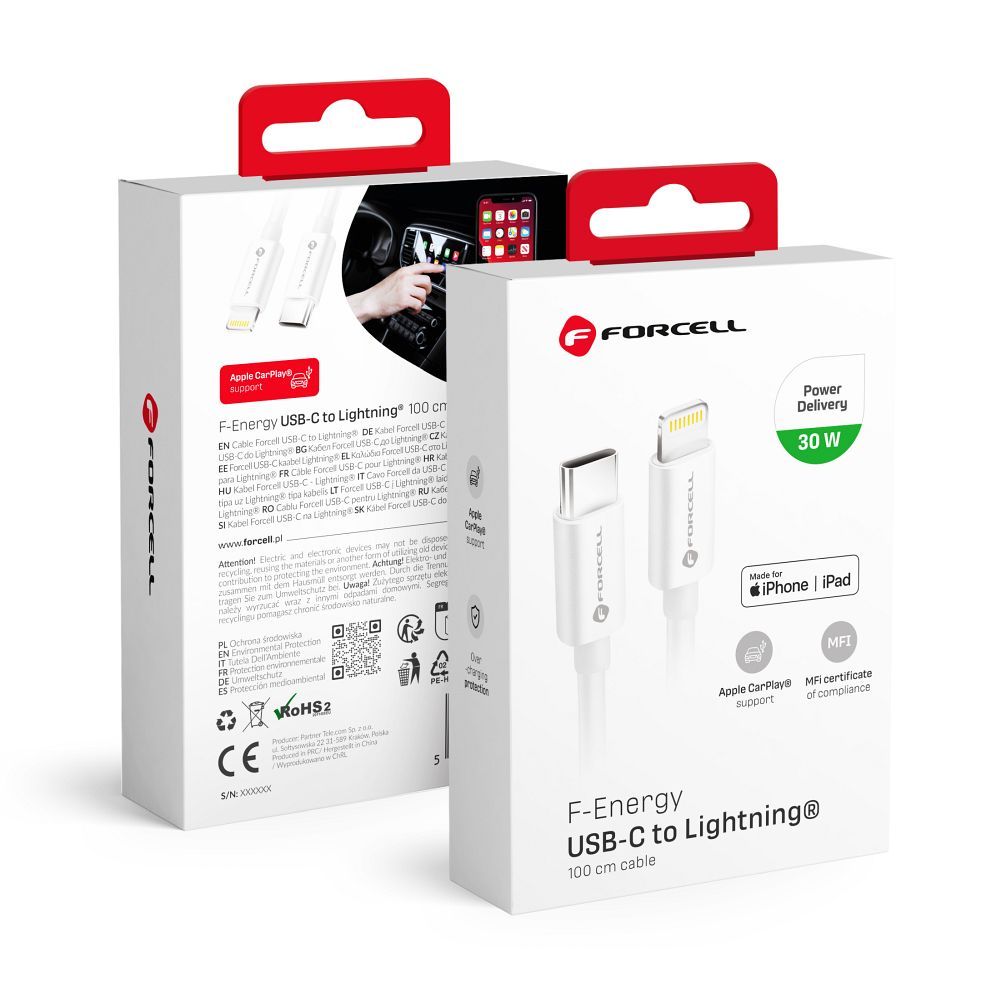 FORCELL F-ENERGY C901 USB-C - Lightning MFi -kaapeli PD 3A 30W 1 m valkoinen