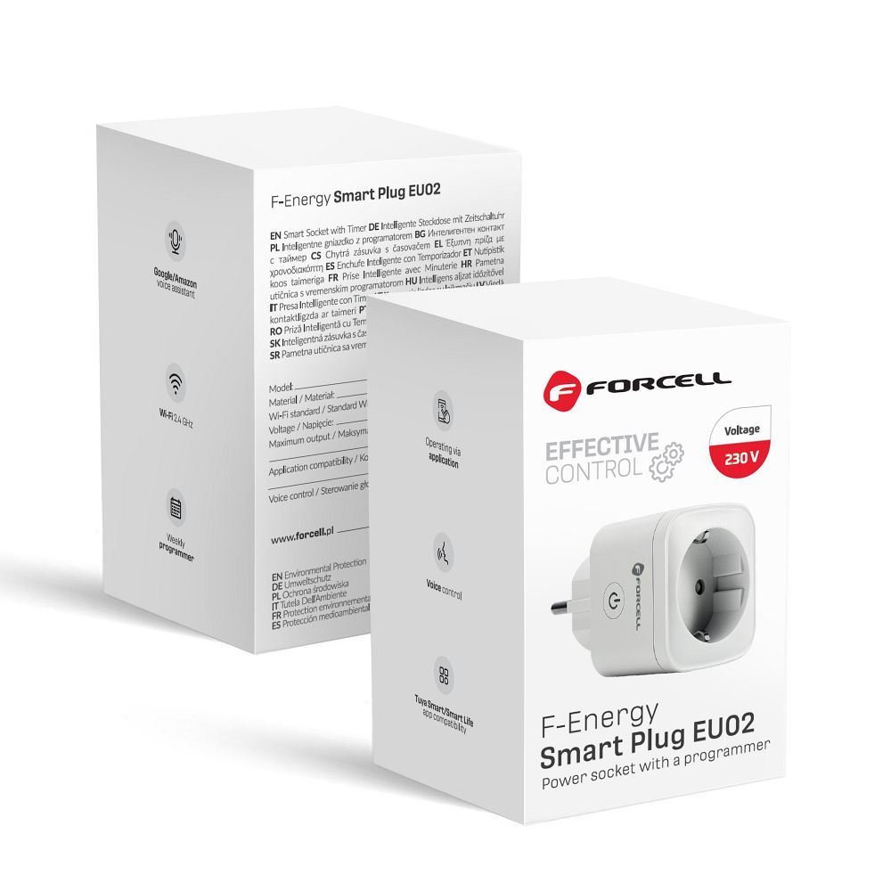 FORCELL F-ENERGY EU02 Älypistoke 230V WiFi-tuella, ajastimella ja Tuya/Amazon Alexa -tuella - valkoinen