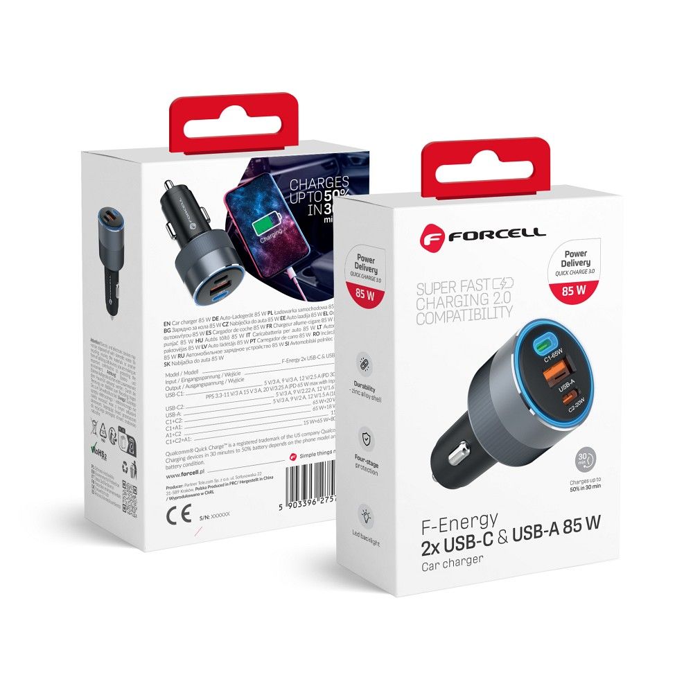 Autolaturi Forcell F-Energy Alu 2 x USB C + USB A QC4.0 PD SFC2.0 3A 85W harmaa