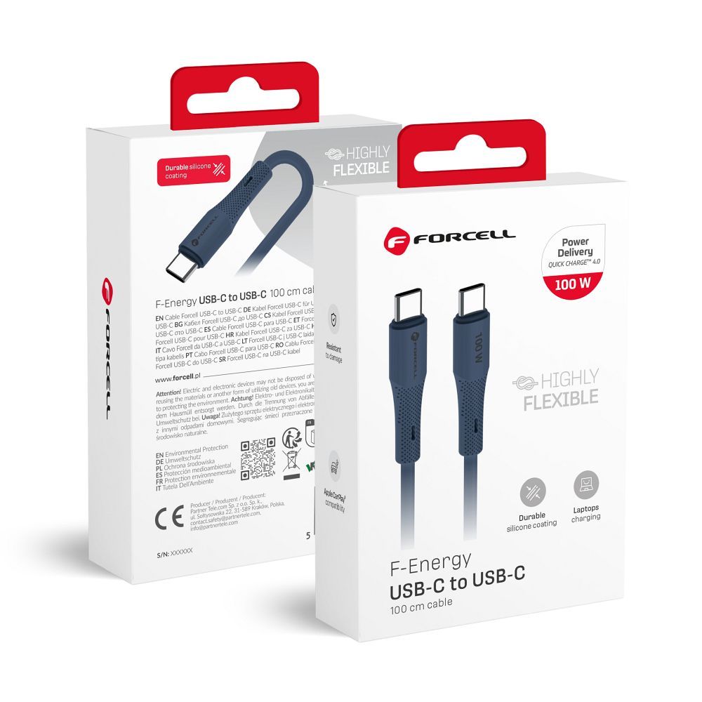 Kaapeli USB C - USB C Forcell F-Energy QC4.0 PD 5A 100W silikoni 1 m C347 tummansininen