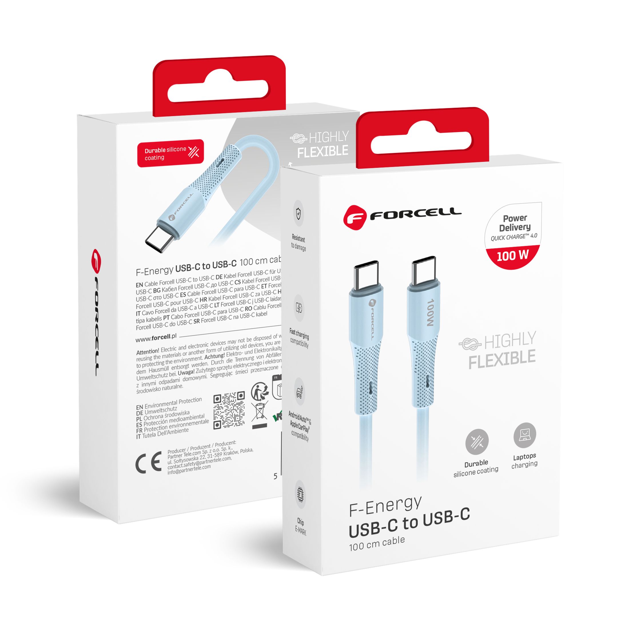 Kaapeli USB C - USB C Forcell F-Energy QC4.0 PD 5A 100W Silicone 1 m C347 sininen