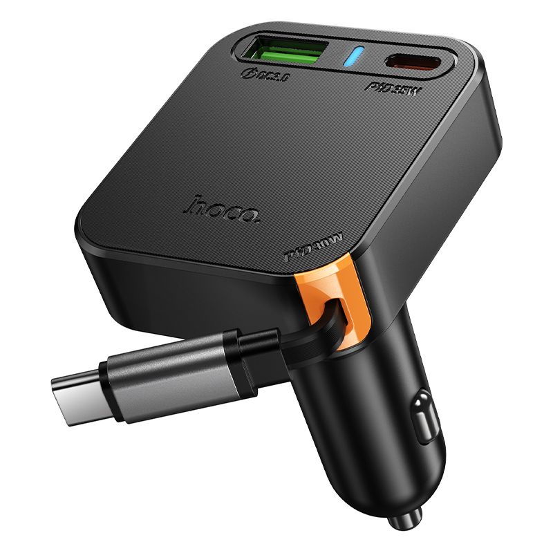 Autolaturi Hoco sisäänvedettävällä kaapelilla 2 x USB C + USB A QC PD 65W NZ18 musta